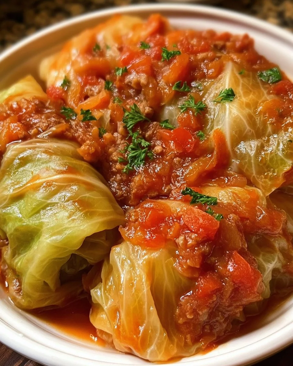 Bowl of slow cooker unstuffed cabbage rolls with tomato sauce and herbs