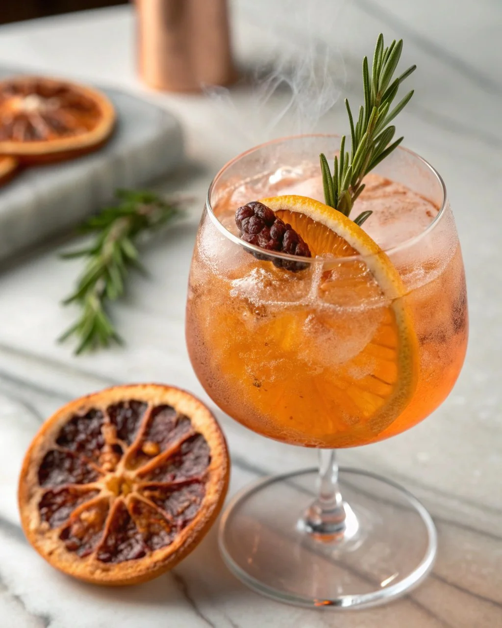 Glass of smoked orange rosemary spritz garnished with fresh rosemary.