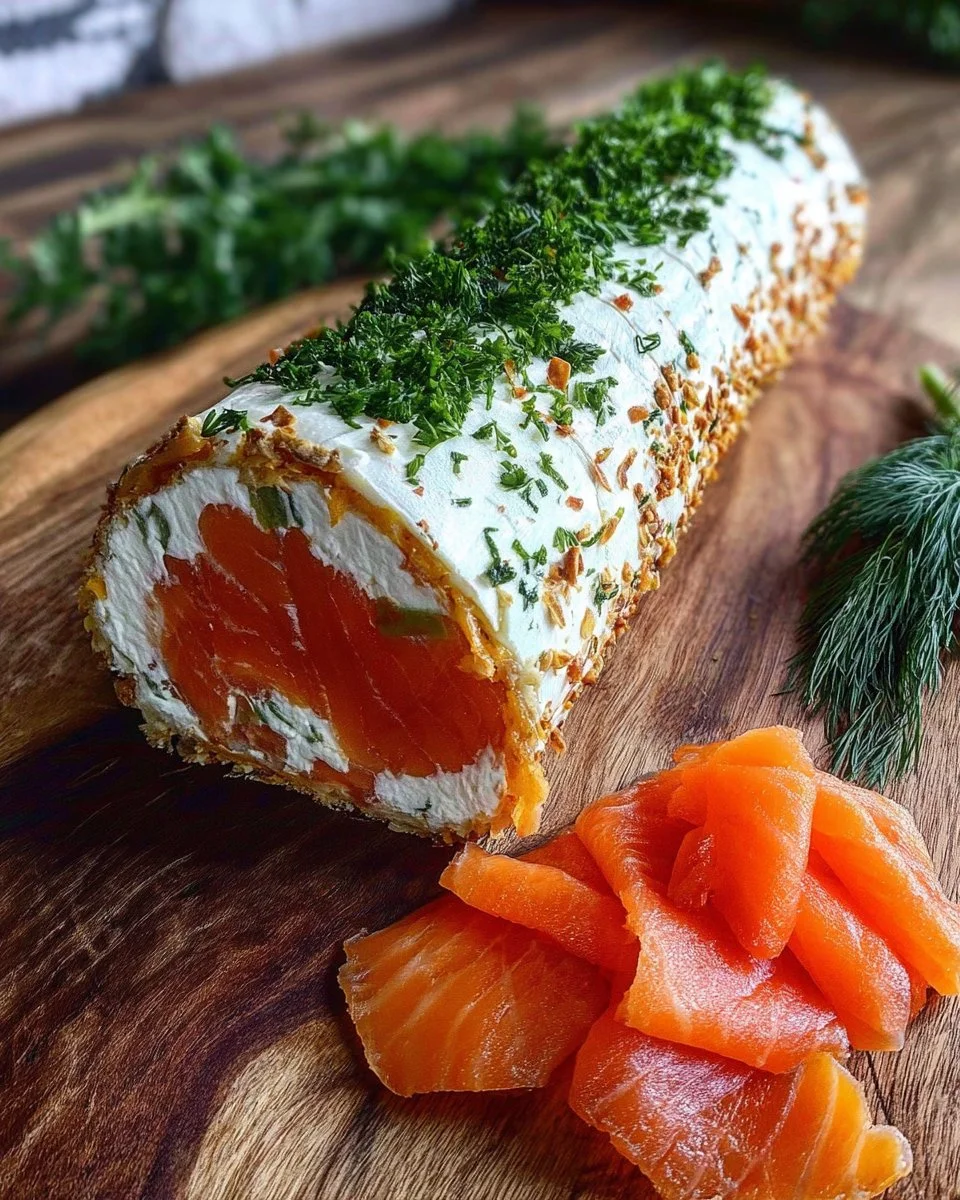 Delicious smoked salmon and cream cheese log served on a platter.