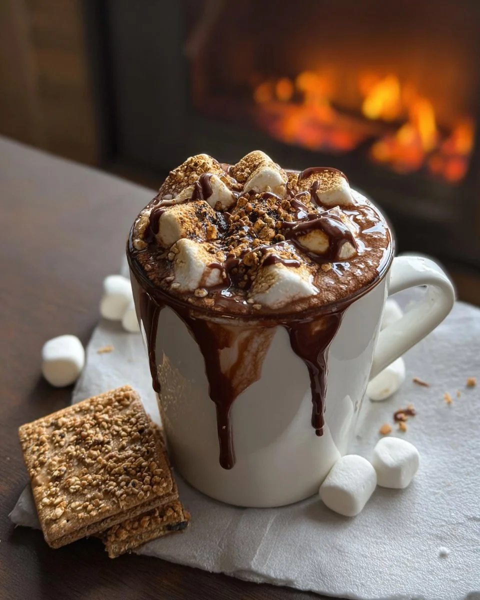 Delicious S'mores hot chocolate topped with marshmallows and graham crackers