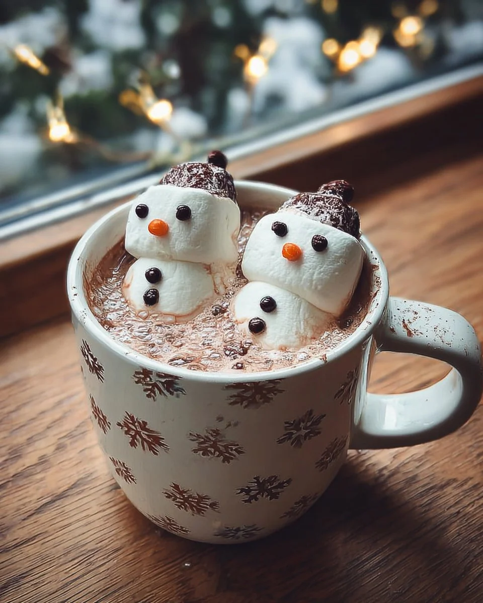 Delicious Snowman Marshmallow Cocoa topped with fluffy marshmallows