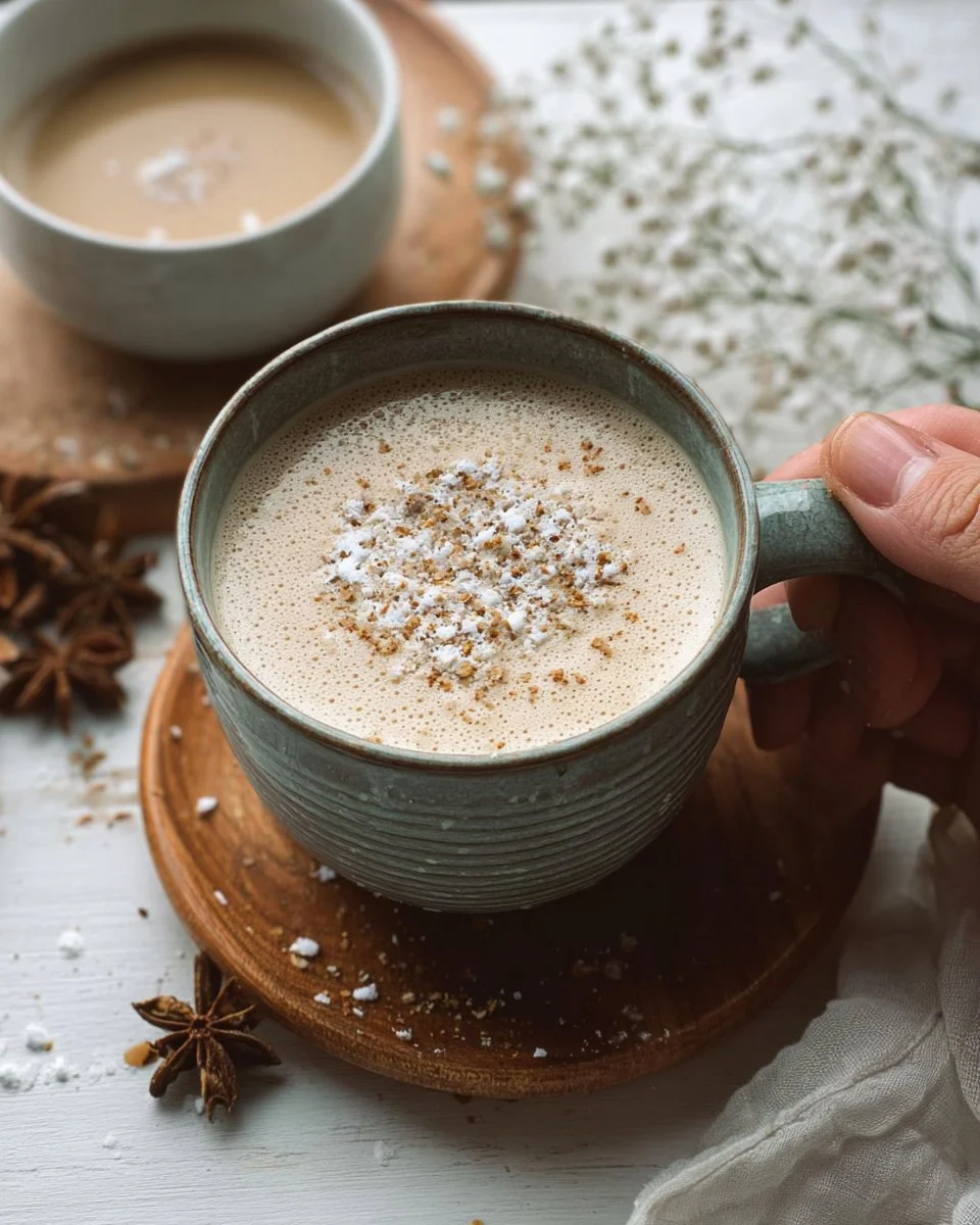 A steaming mug of snowy vanilla chai with spices and frothy milk