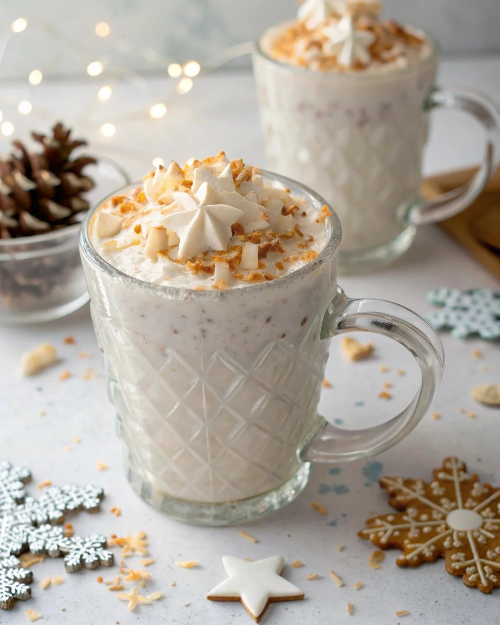 A cup of Snowy White Chocolate Cocoa topped with whipped cream and cocoa powder