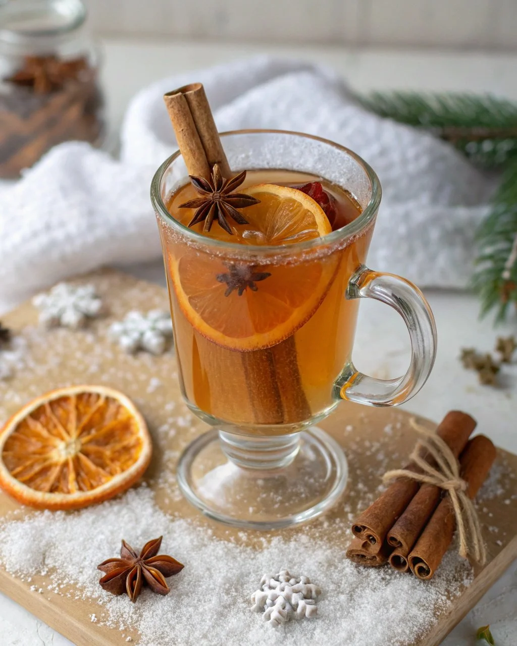 A glass of spiced blood orange cider with citrus slices and spices.