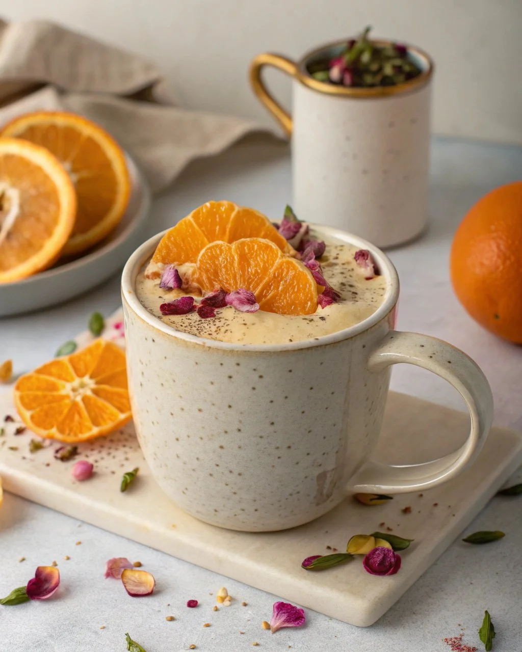 Delicious Spiced Orange Blossom Latte topped with spices and orange zest