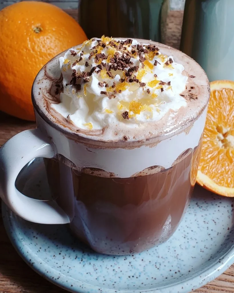 Cup of Spiced Orange Mocha Delight with orange slices and spices
