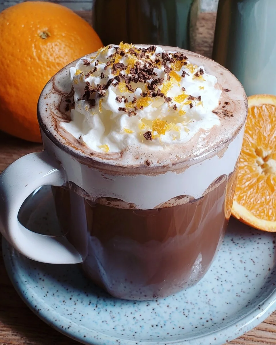 Cup of Spiced Orange Mocha Delight with orange slices and spices