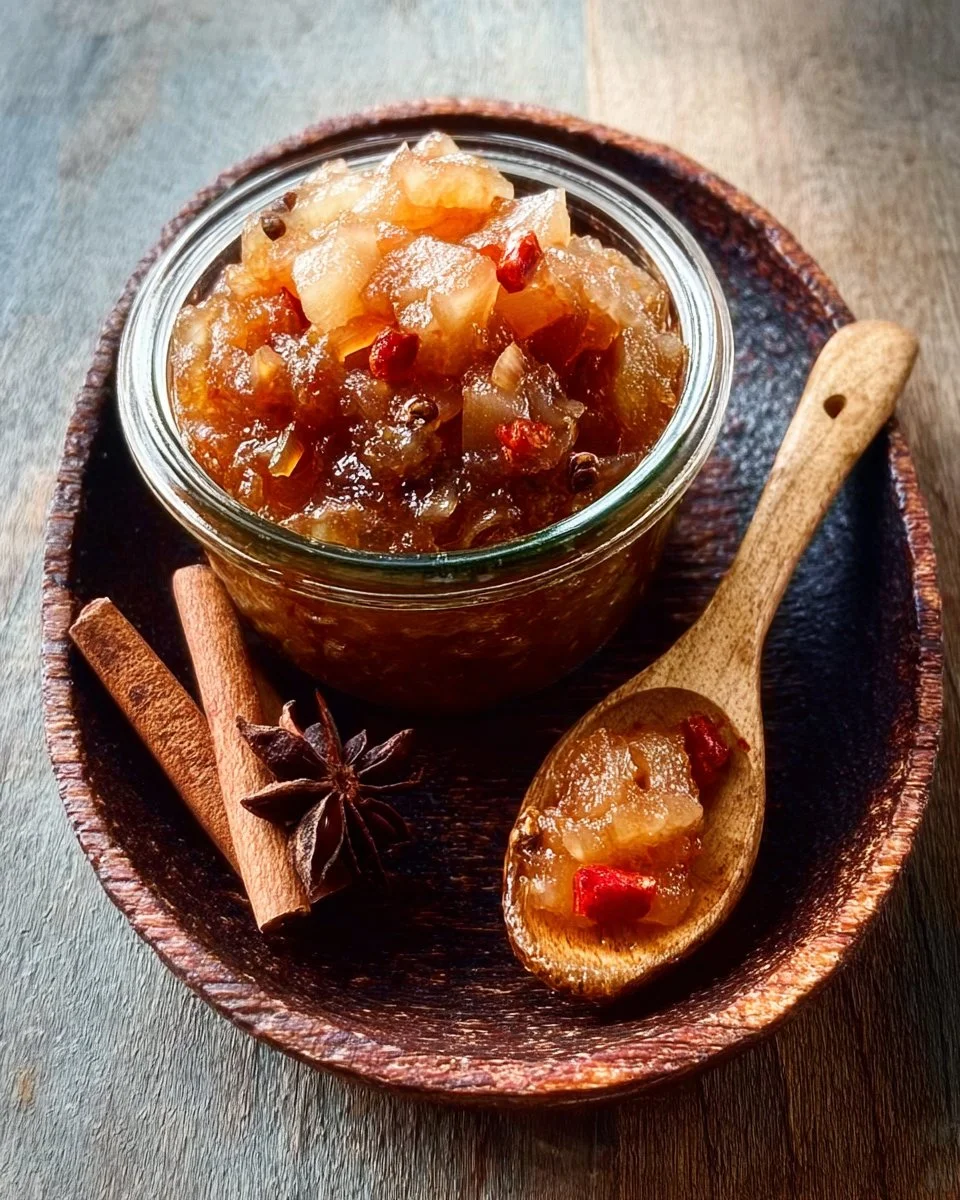 Jar of spiced pear chutney with ingredients and spices around it.
