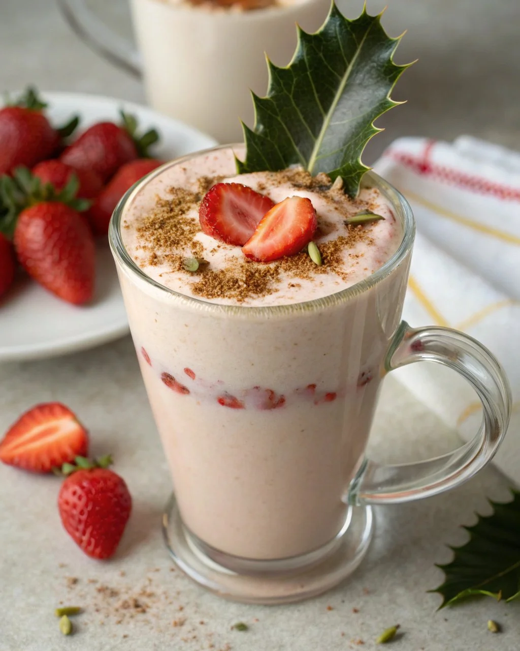 Spiced Strawberry Christmas Latte with festive garnishes in a cozy setting