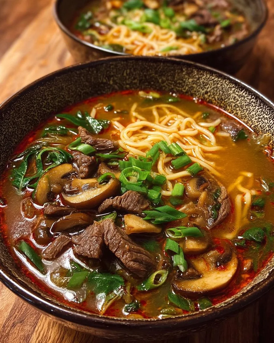 Bowl of Spicy Ginger Beef & Mushroom Noodle Soup with fresh herbs and spices