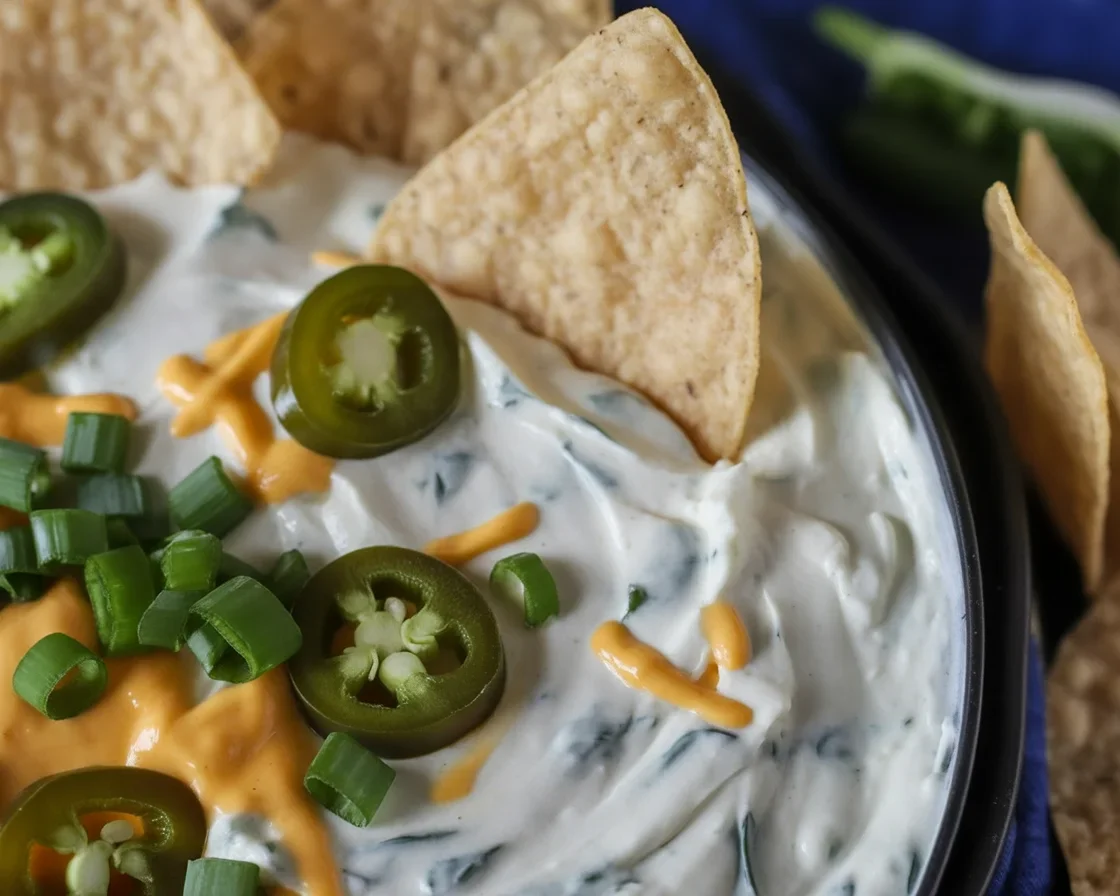 Delicious Jalapeño Cream Cheese Dip served with tortilla chips