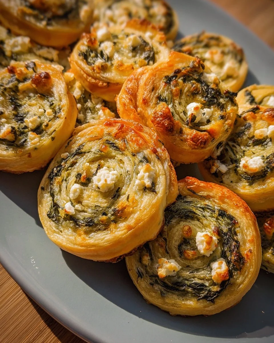 Freshly made Spinach & Feta Pinwheels served on a white platter.
