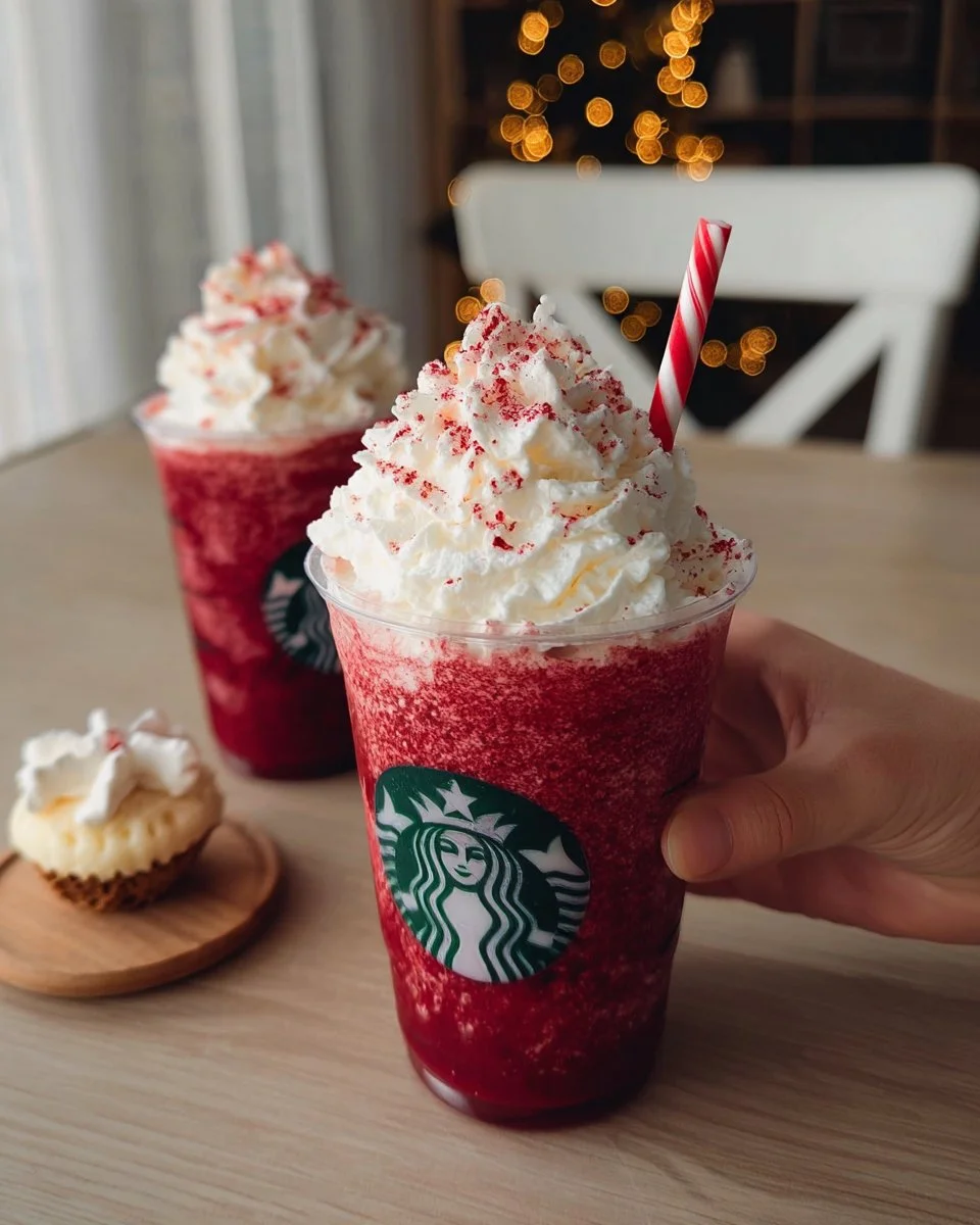 Starbucks Santa's Red Velvet Frappe topped with whipped cream and holiday sprinkles