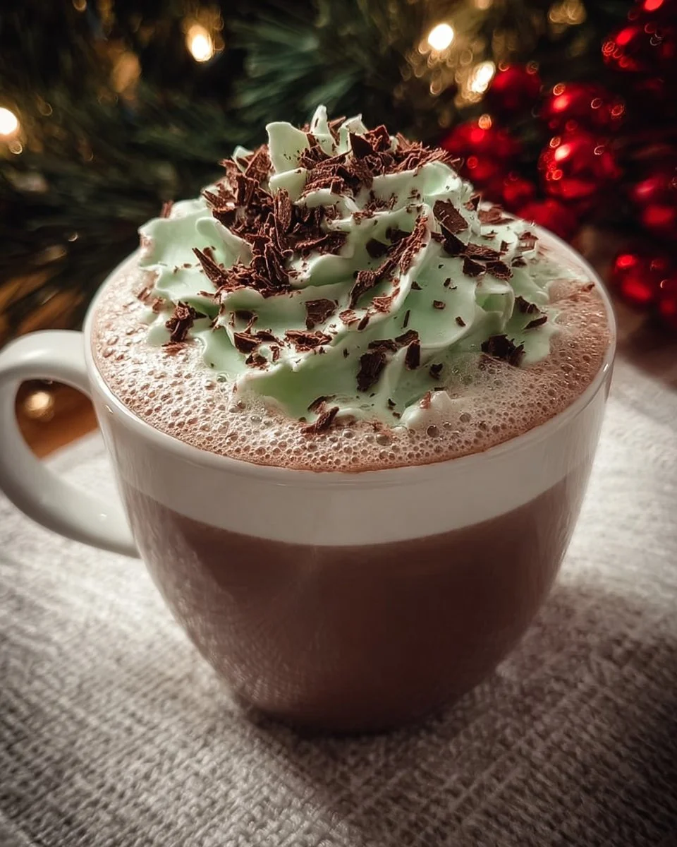 Cup of Starlight Mint Christmas Cocoa with holiday decorations