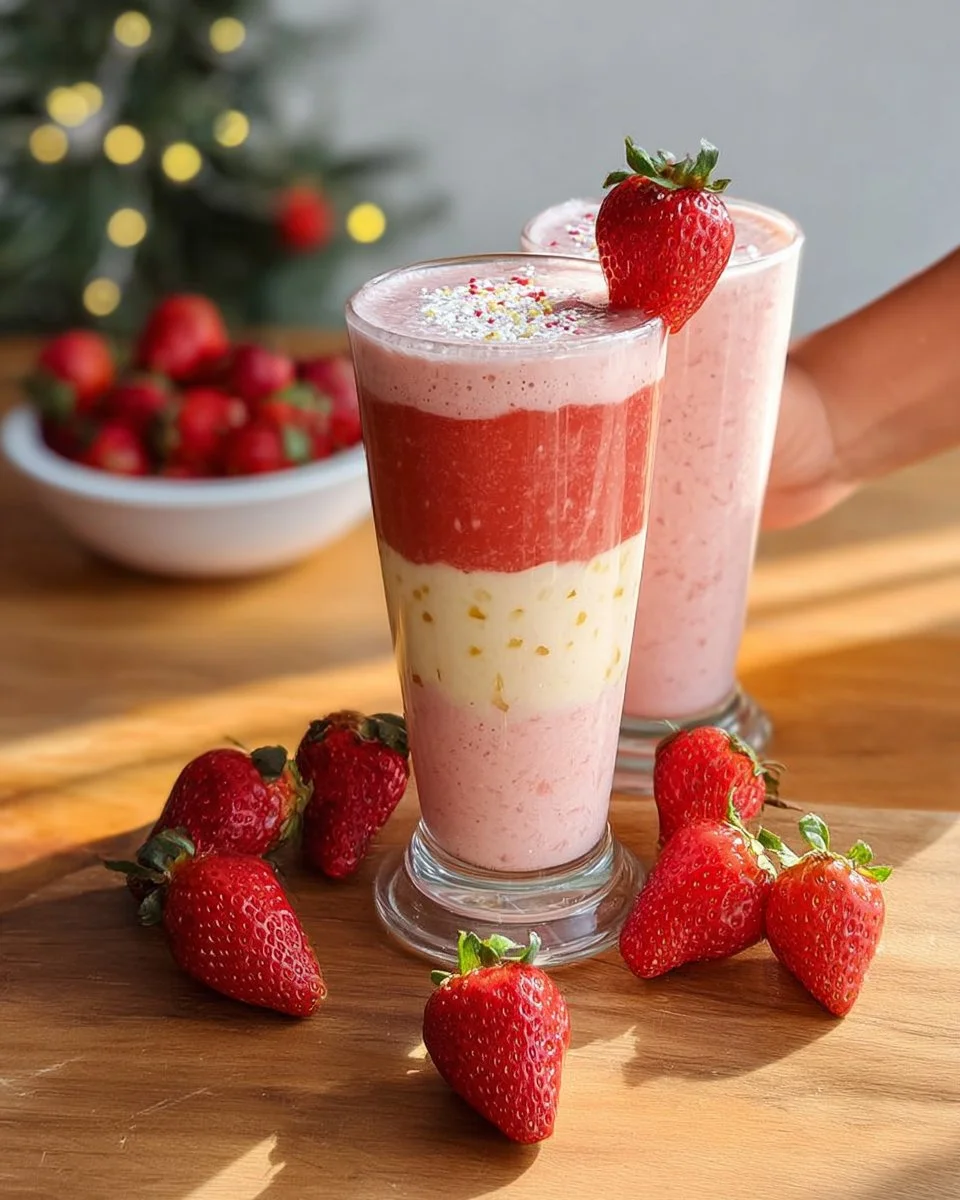 Delicious Strawberry Banana Smoothie with a whimsical elf theme