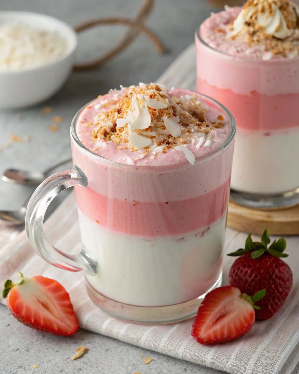Strawberry coconut cloud latte topped with whipped cream and fresh strawberries
