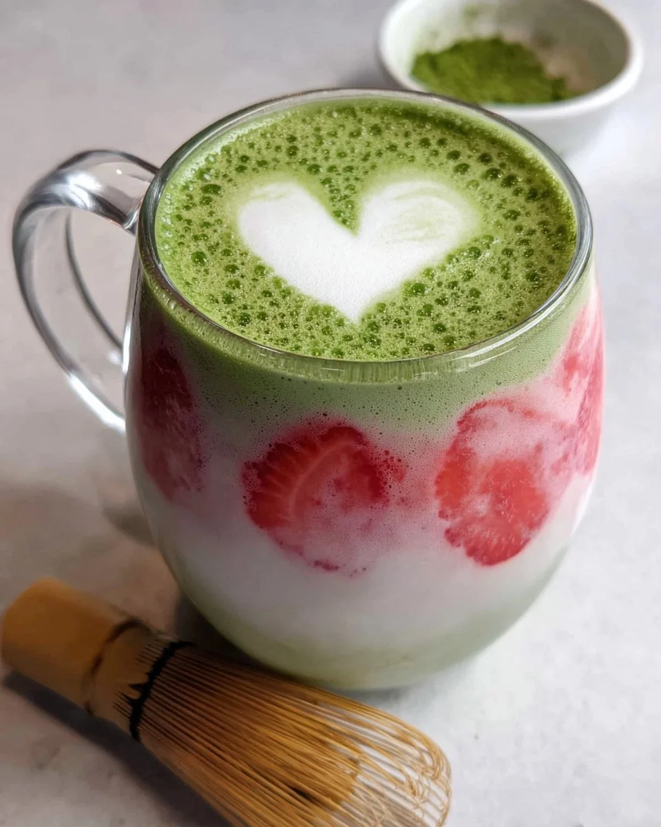 Frothy Strawberry Matcha Latte in a glass topped with fresh strawberries.