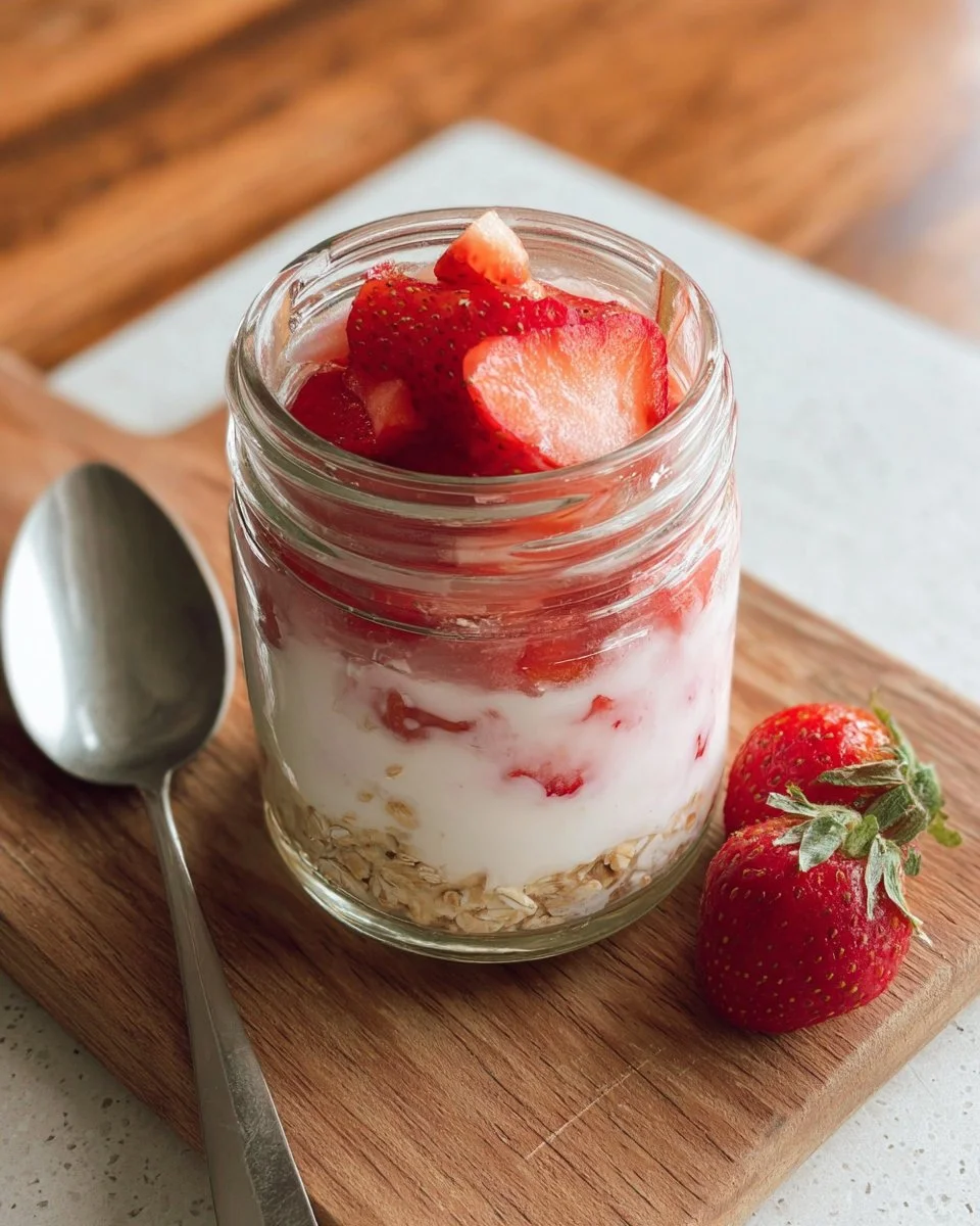 Strawberry shortcake overnight oats topped with fresh strawberries and whipped cream.