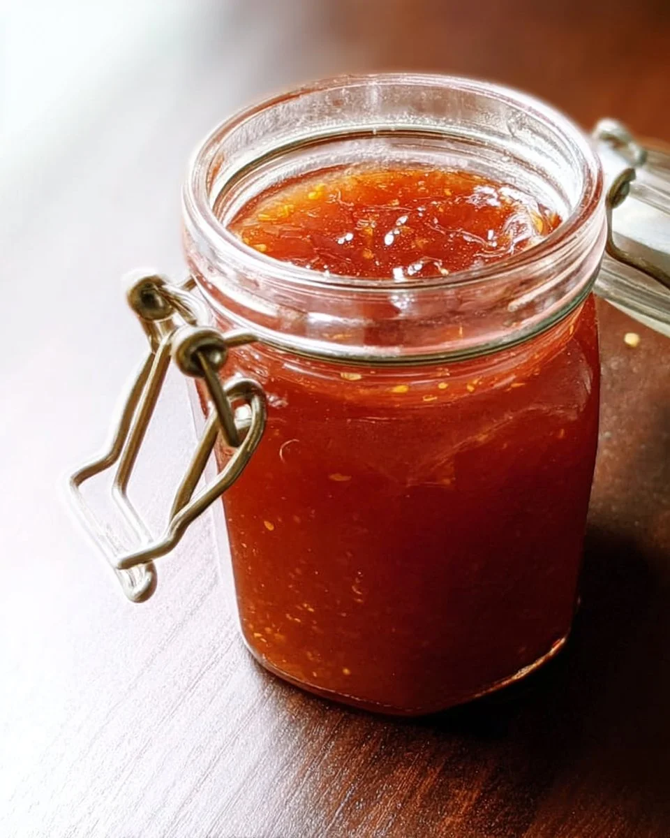 Jar of homemade Sweet Chilli Jam ready to enhance your meals.