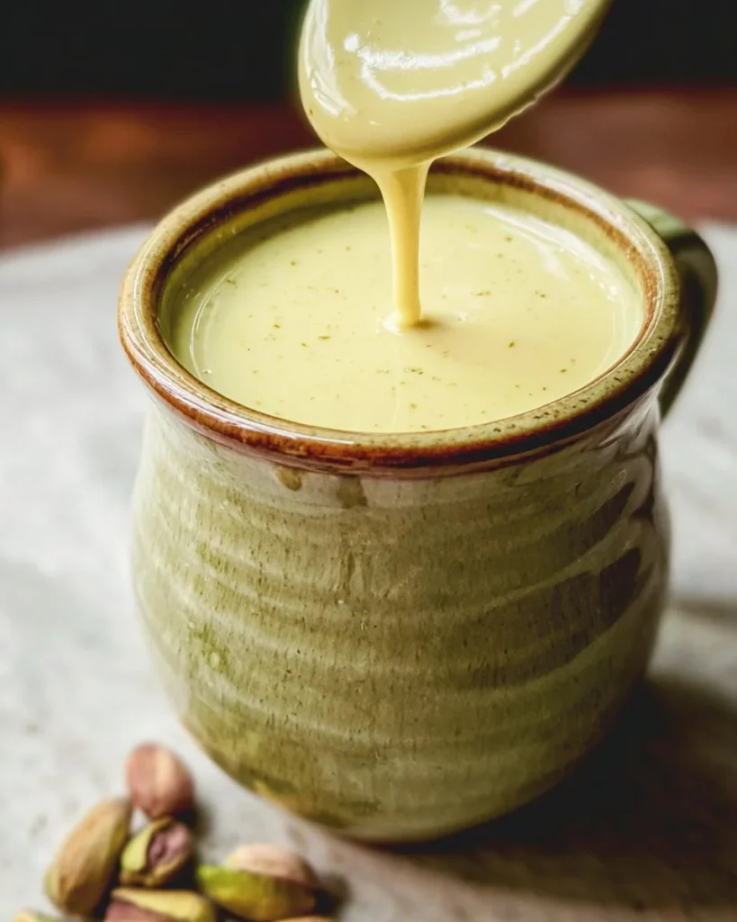Sweet pistachio sauce drizzled over coffee in a cup
