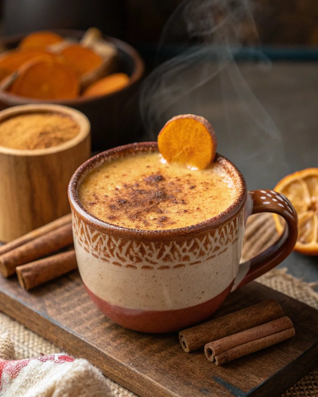 Sweet potato maple chai drink garnished with spices in a cozy setting.