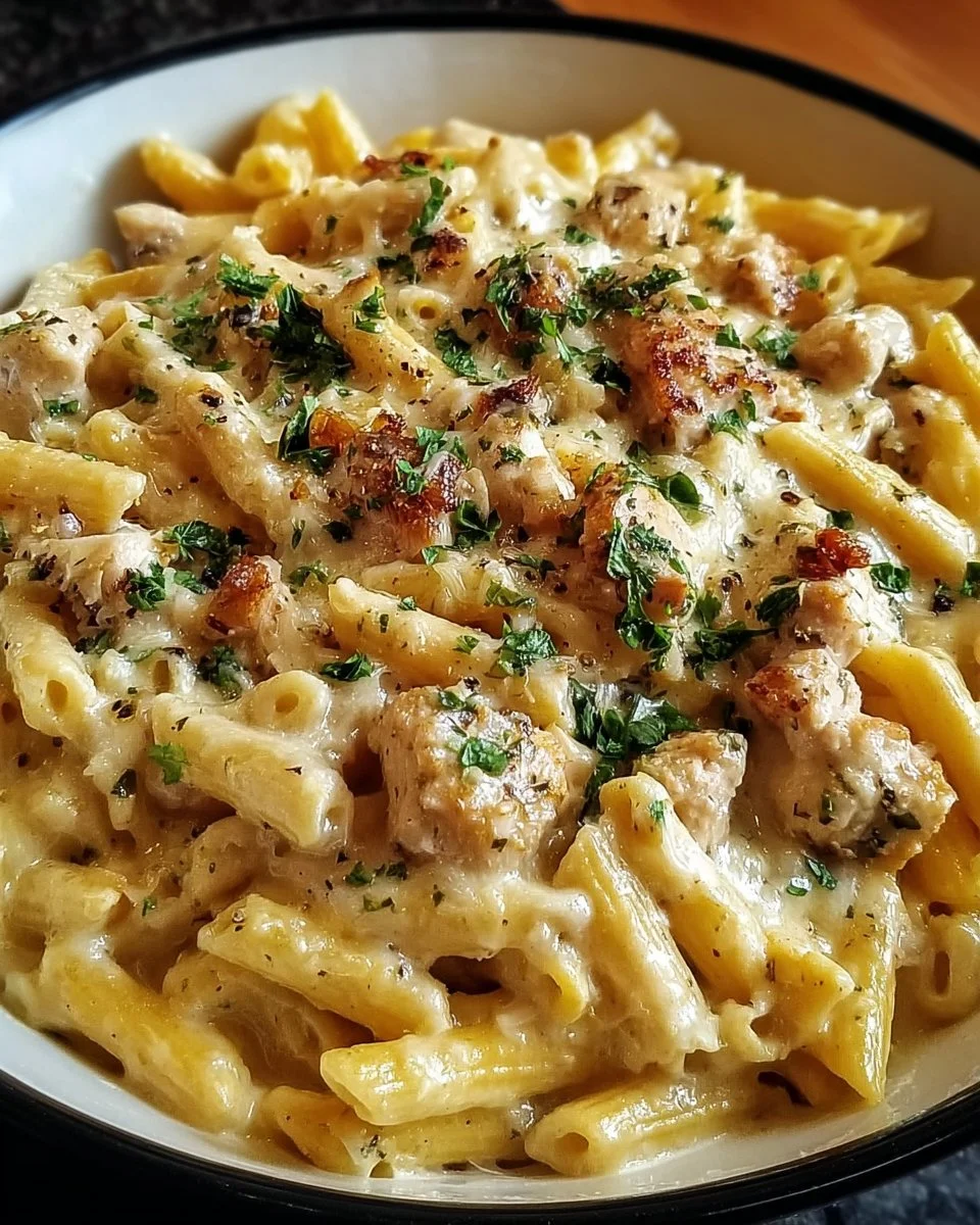 Creamy garlic parmesan chicken pasta in a crockpot served on a plate