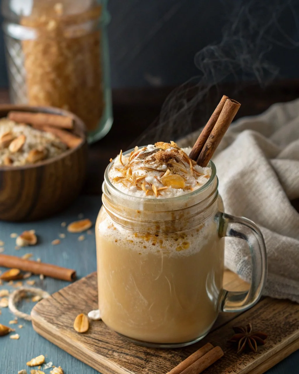 Delicious toasted coconut horchata served in a glass with a sprinkle of cinnamon.
