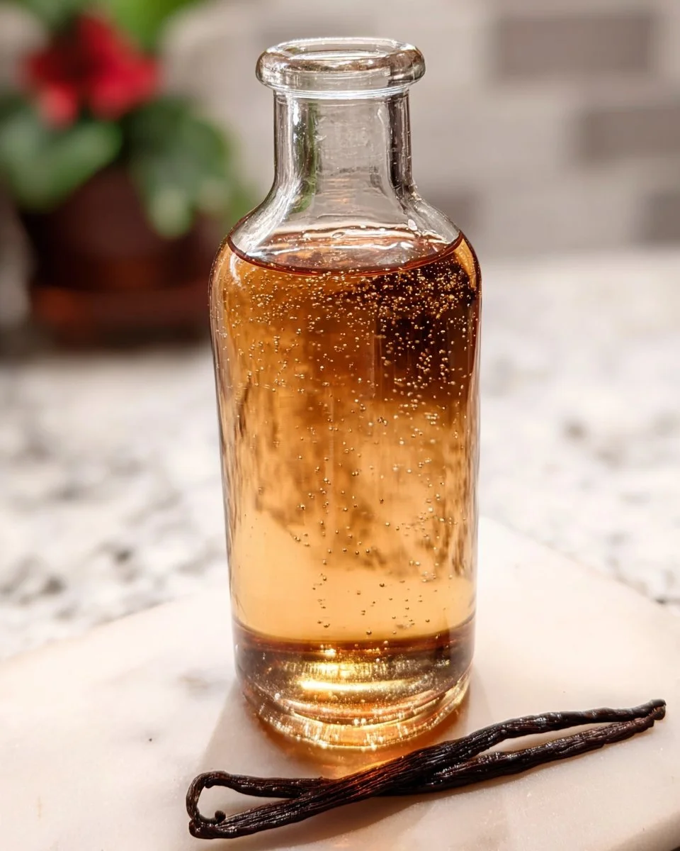 Toasted vanilla bean syrup in a glass bottle with a label