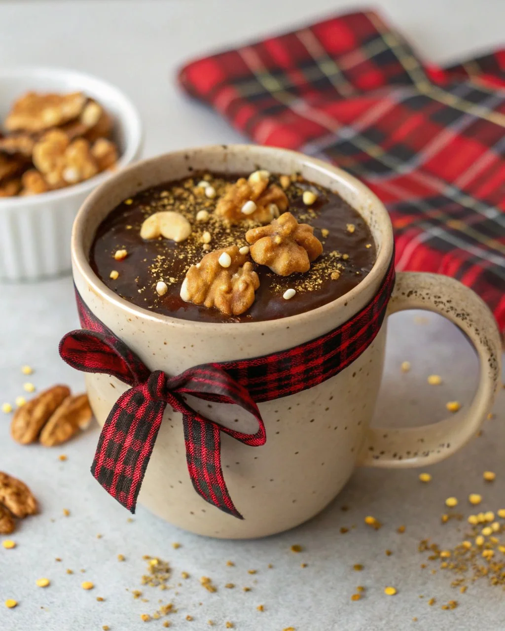 Delicious toasted walnut mocha latte topped with whipped cream and walnut sprinkles.