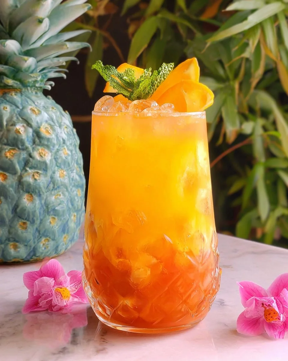 Colorful Tropical Mocktail with fresh fruits served in a stylish glass