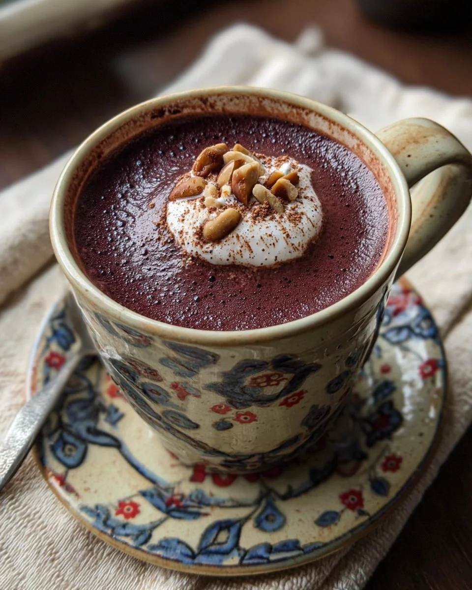 Ube Chestnut Hot Chocolate topped with whipped cream and chocolate shavings