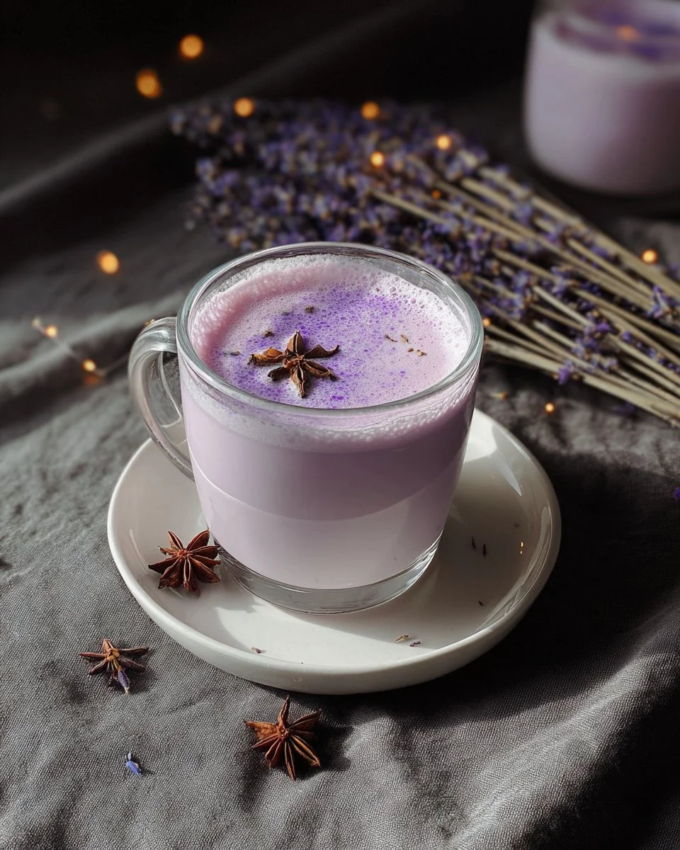 A cup of Ube Lavender Moon Milk with lavender flowers and ube ingredients.
