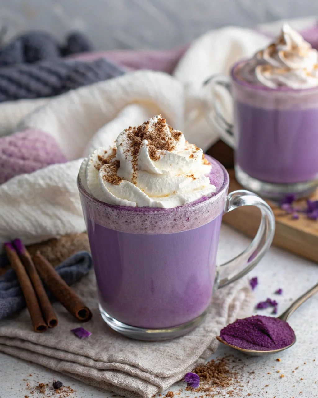 Delicious bowl of UBE Velvet Cocoa dessert garnished with whipped cream.