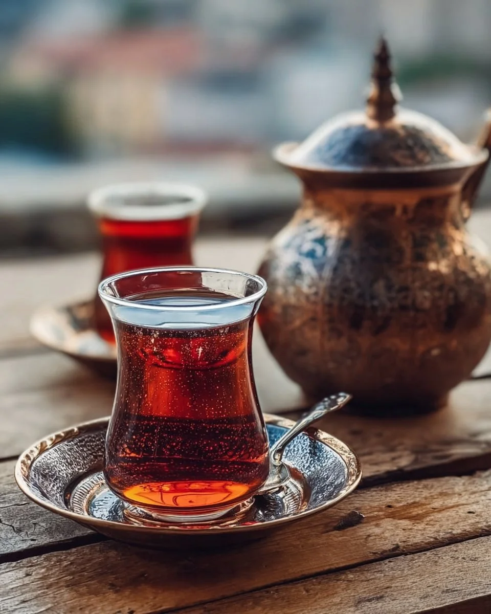 A traditional Turkish tea set with freshly brewed black tea and tea glasses.