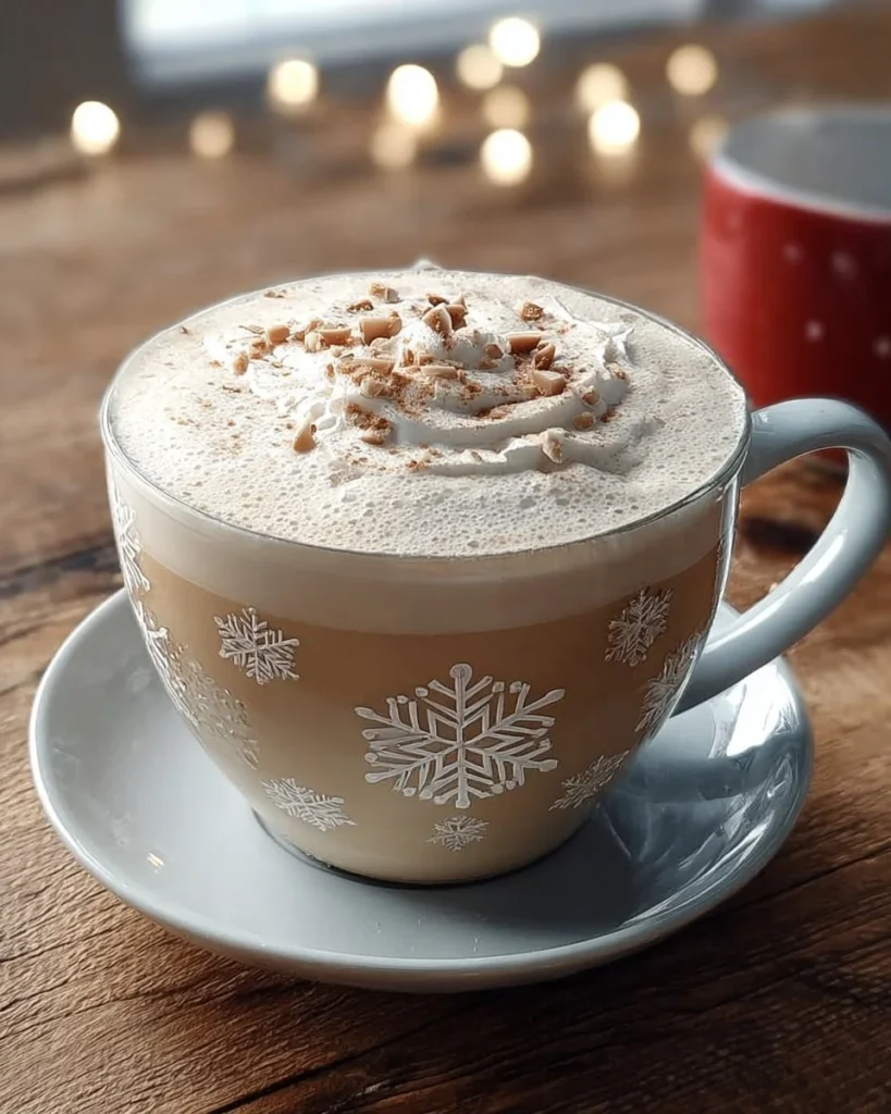 Vanilla Almond Snowflake Latte in a festive cup topped with whipped cream