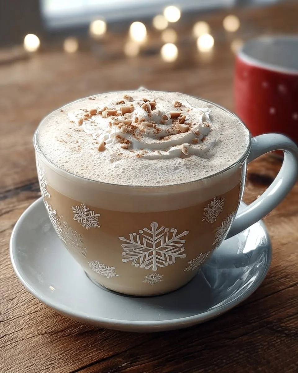 Vanilla Almond Snowflake Latte in a festive cup topped with whipped cream