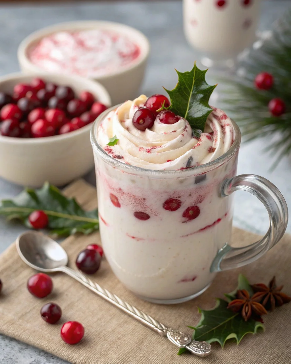 Vanilla Cranberry Christmas Latte topped with whipped cream and cranberries