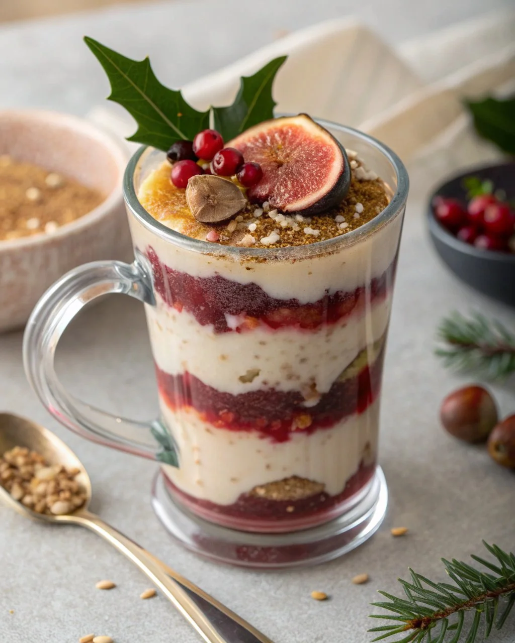 Vanilla Fig Latte with cranberries in a cozy coffee shop setting