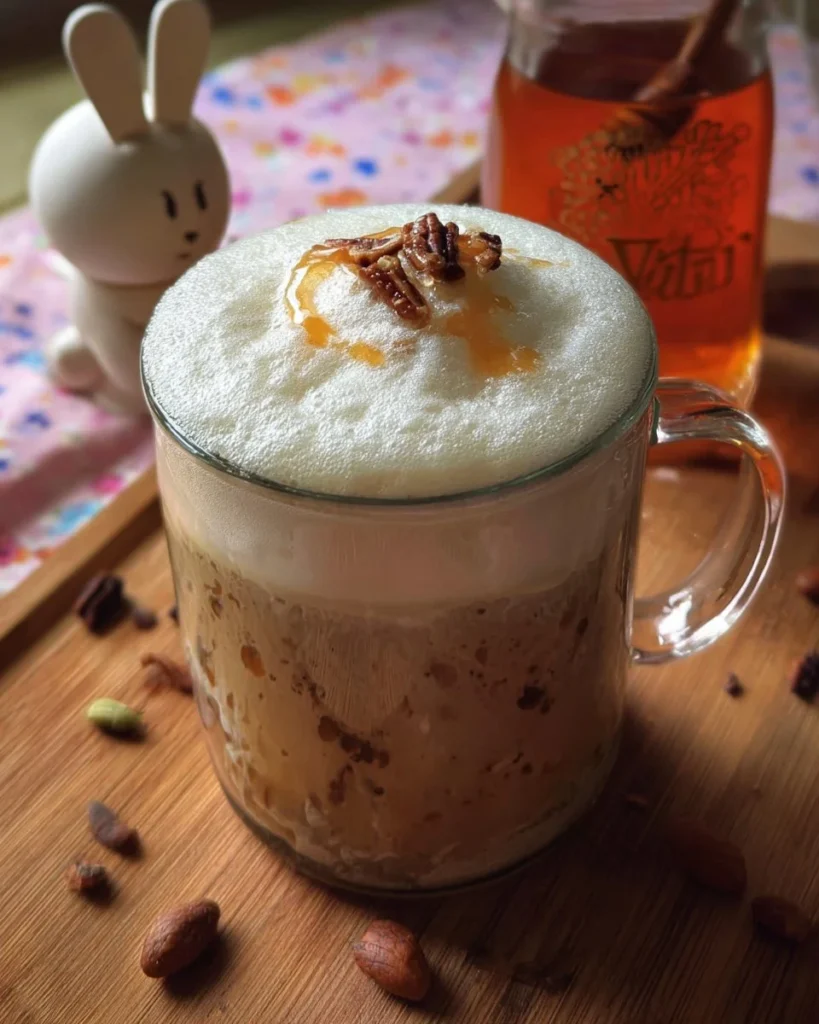 Delicious Vanilla Honey Nutmeg Latte topped with cream and spices