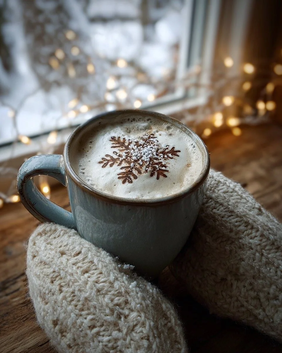 Delicious Vanilla Snowfall Tea Latte in a festive cup