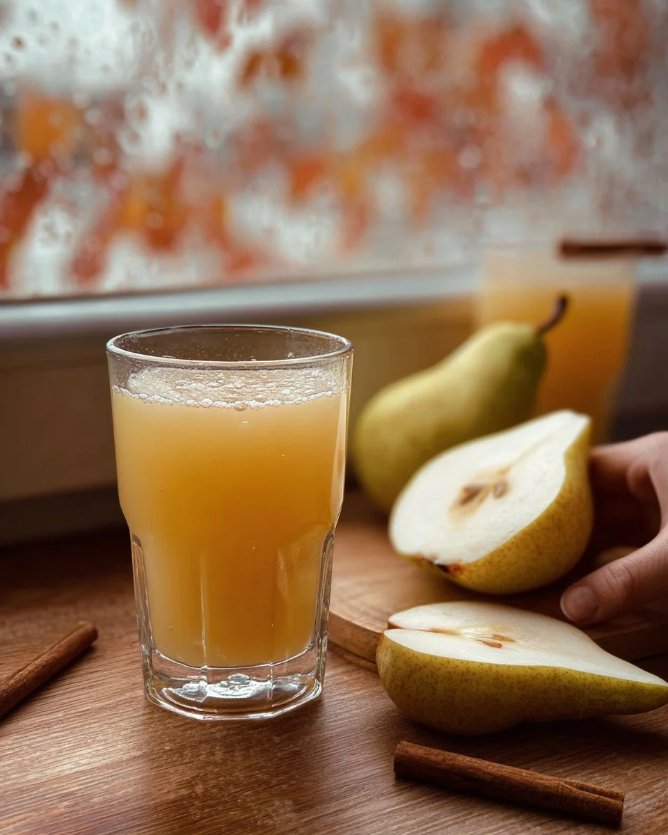 A steaming cup of warm spiced pear juice with cinnamon and cloves