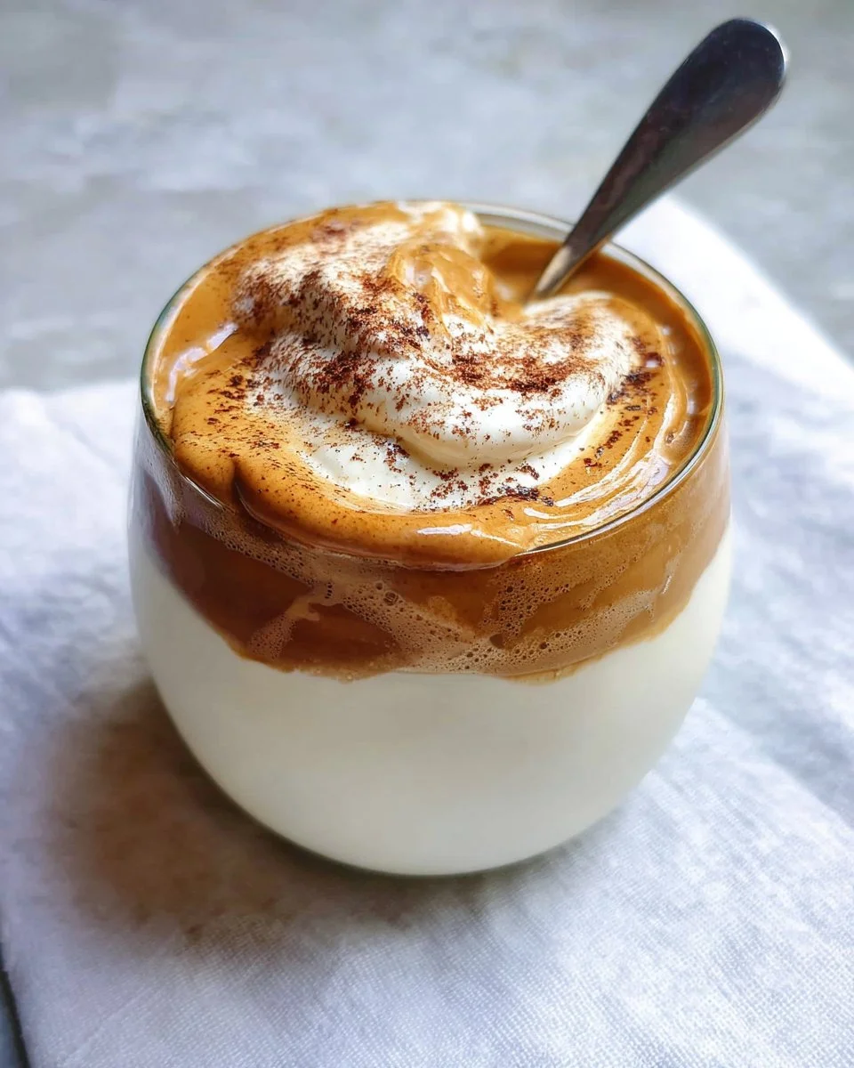 Delicious whipped coffee topped with frothy cream in a glass mug.