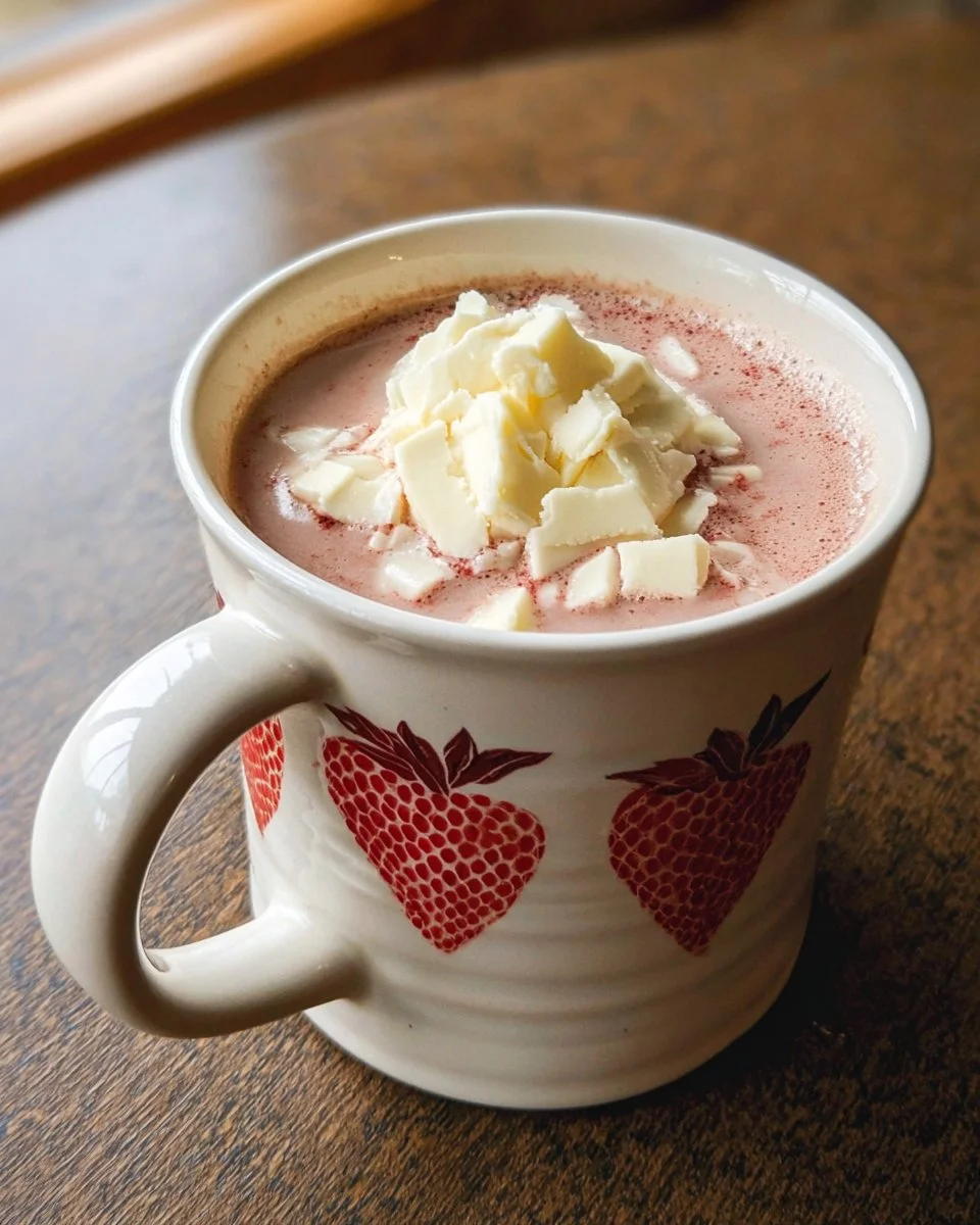 Delicious white chocolate strawberry cocoa drink served in a cup