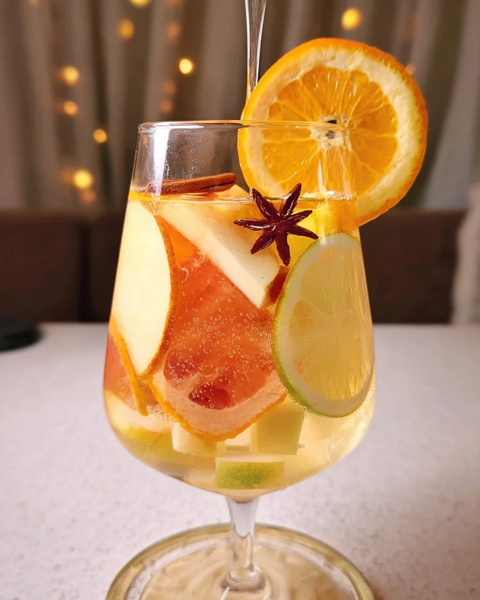 Refreshing White Sangria Mocktail with fruits and herbs