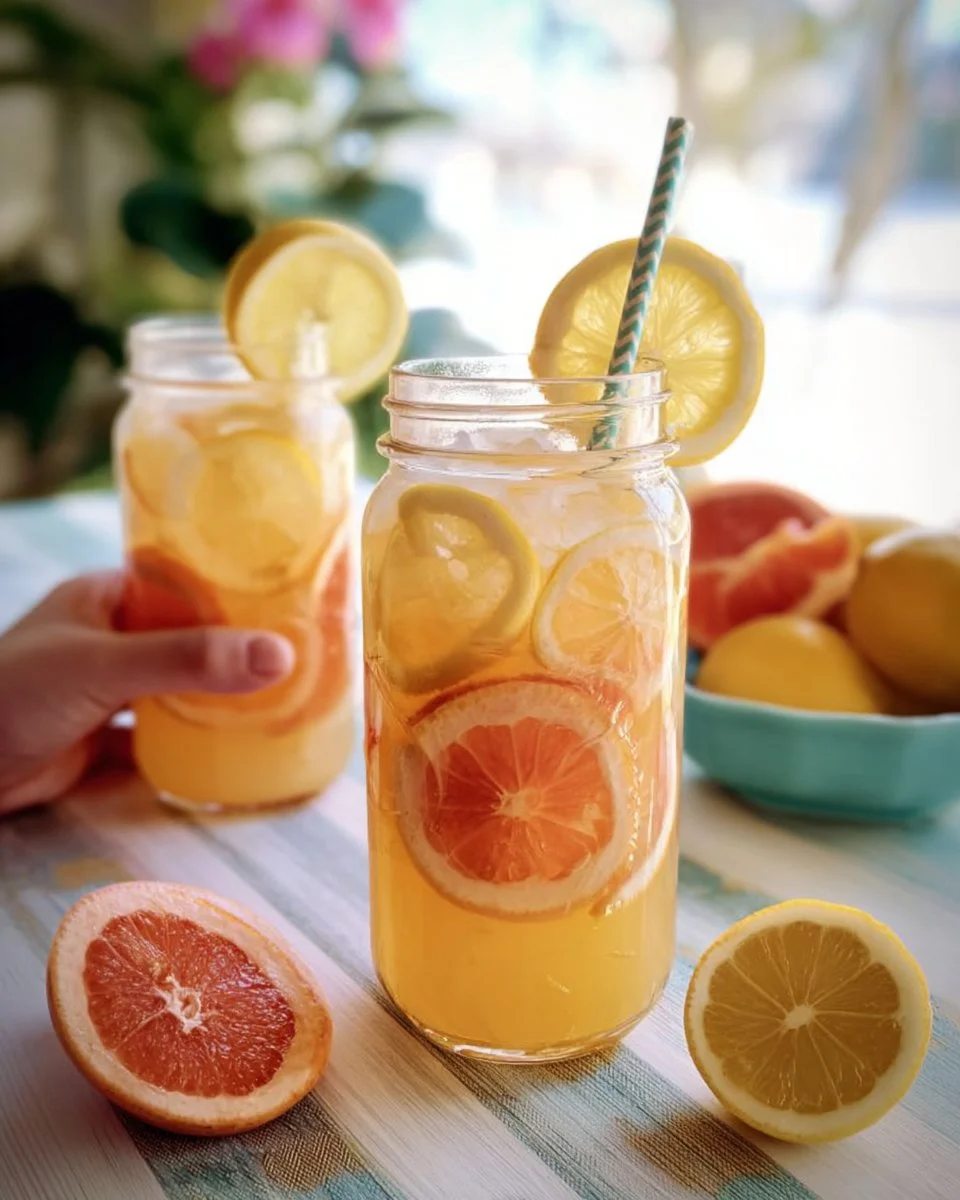 A refreshing glass of Winter Citrus Lemonade with citrus fruits and mint garnish.