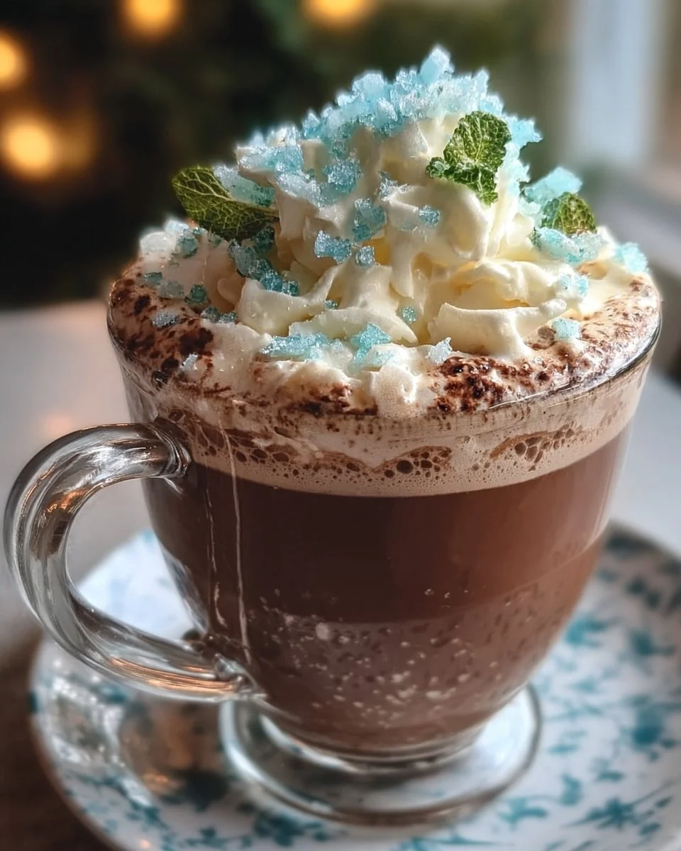 Cup of Winter Crystal Mint Cocoa with mint leaves and chocolate sprinkles