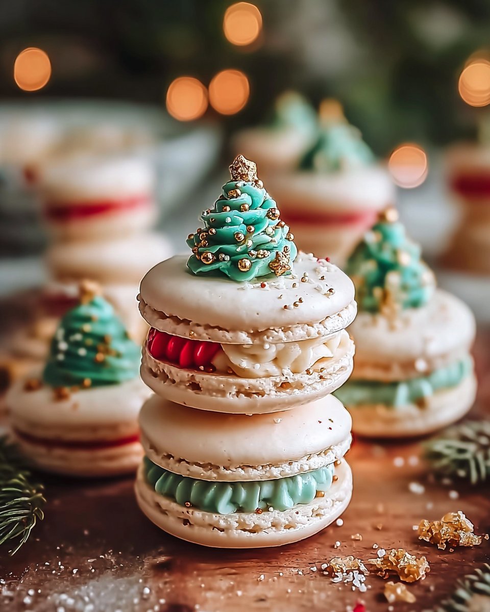 Whimsical Holiday Macarons Filled with Festive Christmas Tree Cake Buttercream