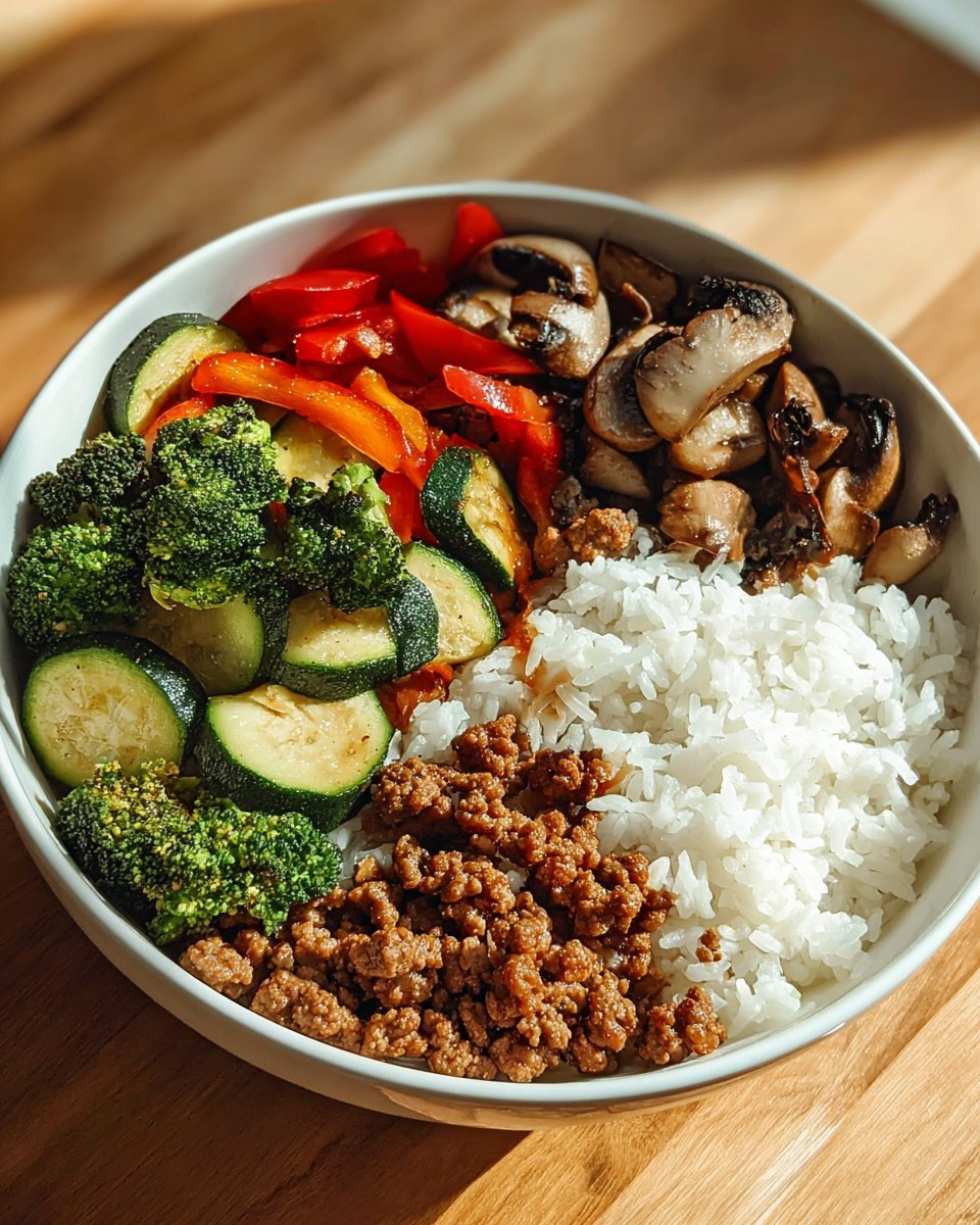 Spicy Ground Beef Stir-Fry Bowl with Garlic Veggies & Steamy Rice