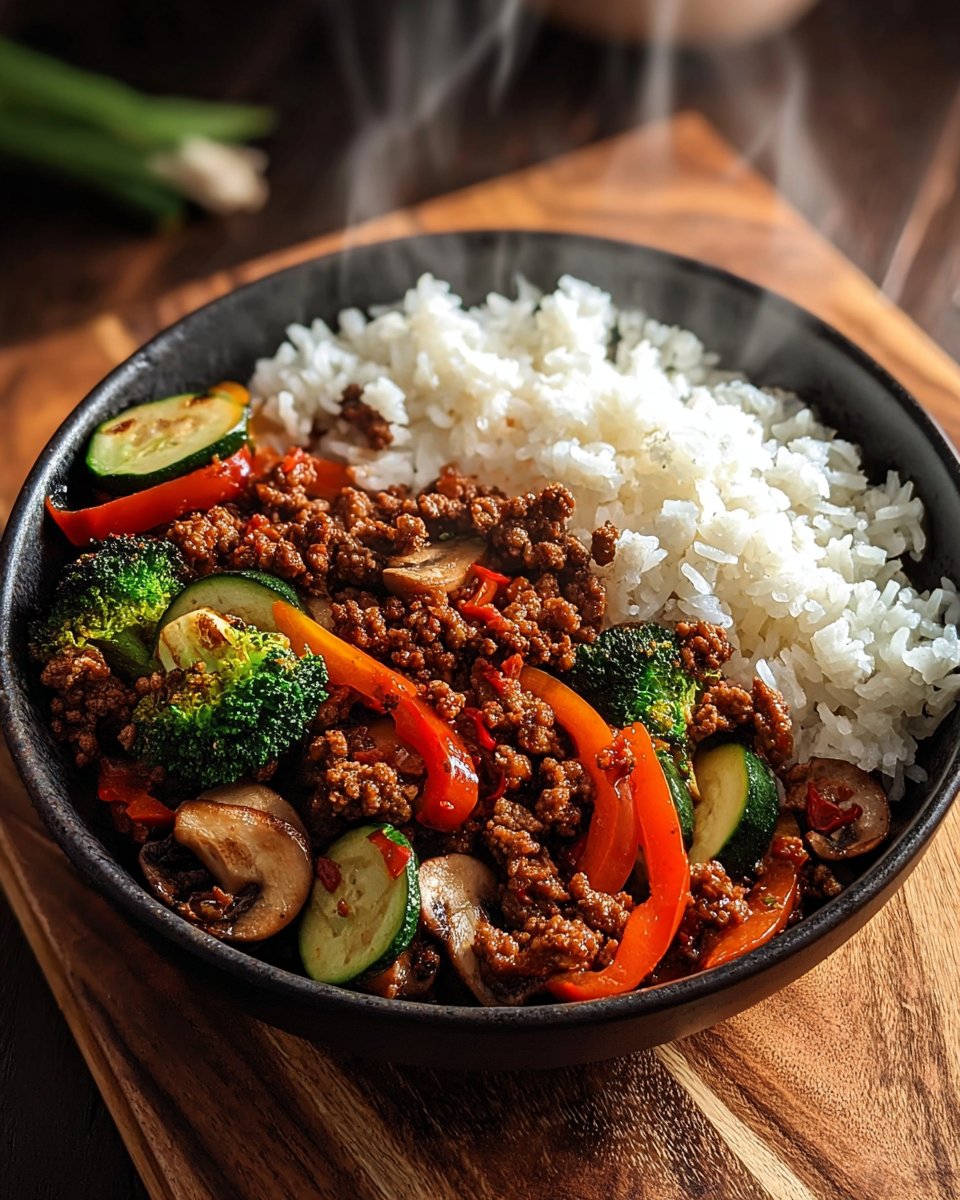 Spicy Ground Beef Stir-Fry Bowl with Garlic Veggies & Steamy Rice