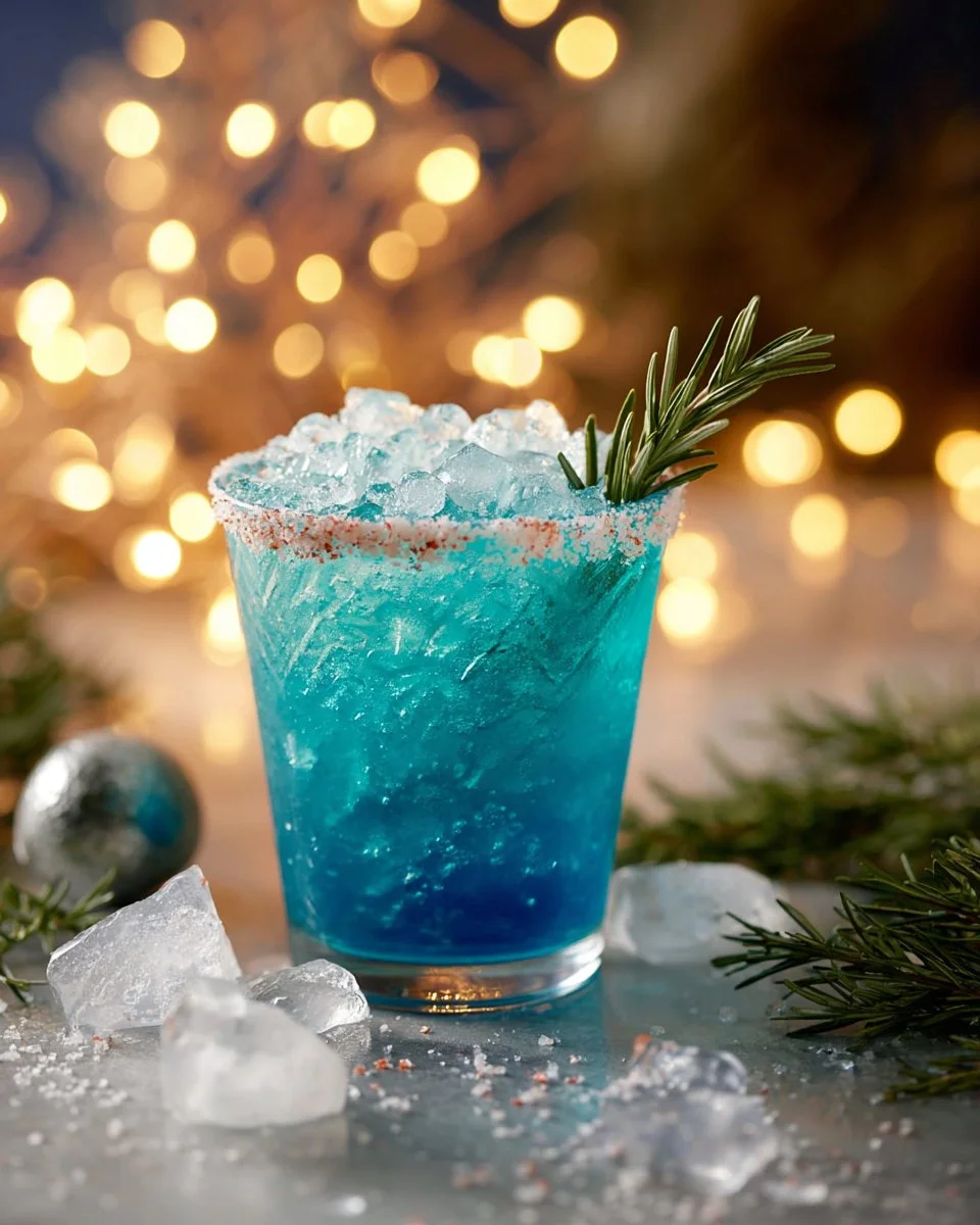A vibrant Arctic Sapphire Punch served in a glass with ice and garnished with fruits